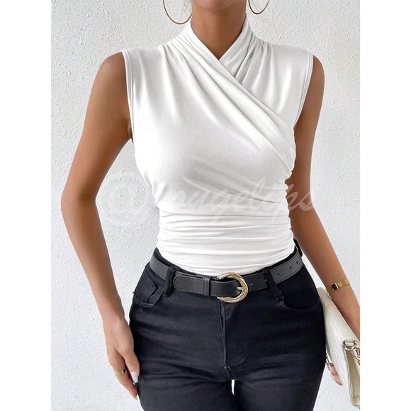 Ruched White Overlapping Sleeveless Shirt Top Stretchy - Picture 5 of 7